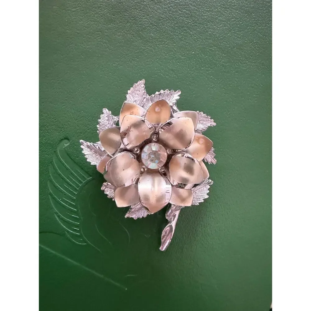 Vintage Rhinestone Flower Brooch Gold Silver Tone Floral Pin